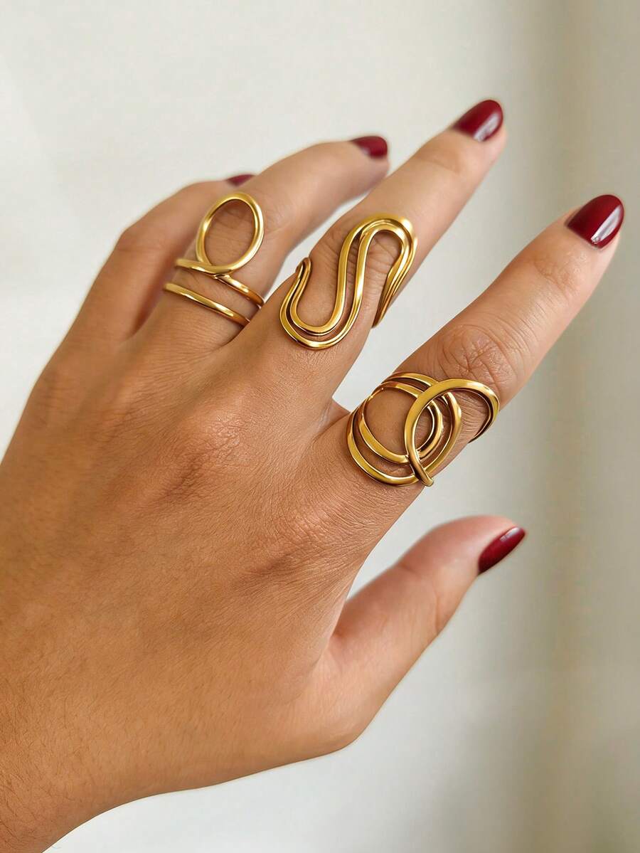 3pcs Stainless Steel 18K Gold Plated Minimalist Versatile Casual Geometric Asymmetrical Line Design Ring Set, Suitable For Women's Daily, Dinner, Date Wear, Elegant Jewelry Gift - Multicolor - View 1