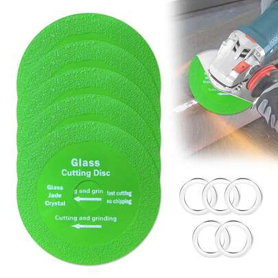 Bộ 10 đĩa cắt kính kèm vòng giảm kích thước, thích hợp cho máy mài góc, có thể cắt kính kích thước 4 inch x 7/8 inch. Đĩa cắt siêu mỏng, thích hợp để cắt và mài gạch, pha lê, gốm sứ, ngọc bích và chai rượu, v.v.