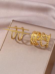 3pcs Minimalist Geometric Line Stainless Steel Adjustable Open Rings, High-End Elegant, Suitable For Women's Daily, Party, And Date Wear - Gold - View 2