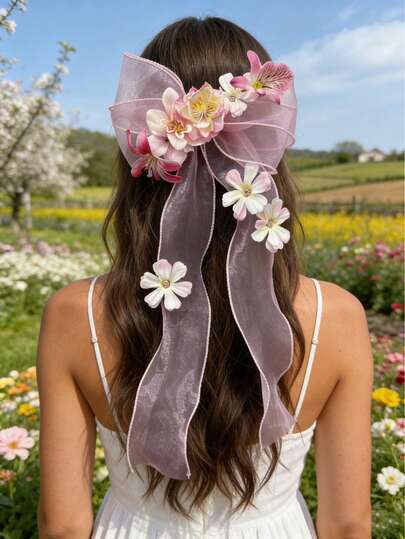 1pc Large Hair Bow Clips, Flower Ribbon Bow Hair Barrette For Women, Elegant Long Tail Bowknot French Hairstyles Accessories For Wedding, Parties, Festivals