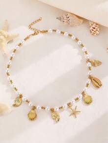 金贝壳海星珍珠项链 - 波西米亚风仿珍珠颈链，海洋主题吊坠首饰，适合女性/女孩夏季假日派对礼物 - 金色款一 - 查看 3
