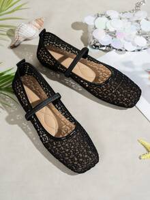 夏季新款弹力带网眼镂空女式平底鞋，时尚透气玛丽珍芭蕾舞鞋，休闲日常通勤一脚蹬平底鞋，适合夏季度假 - 黑色 - 查看 2