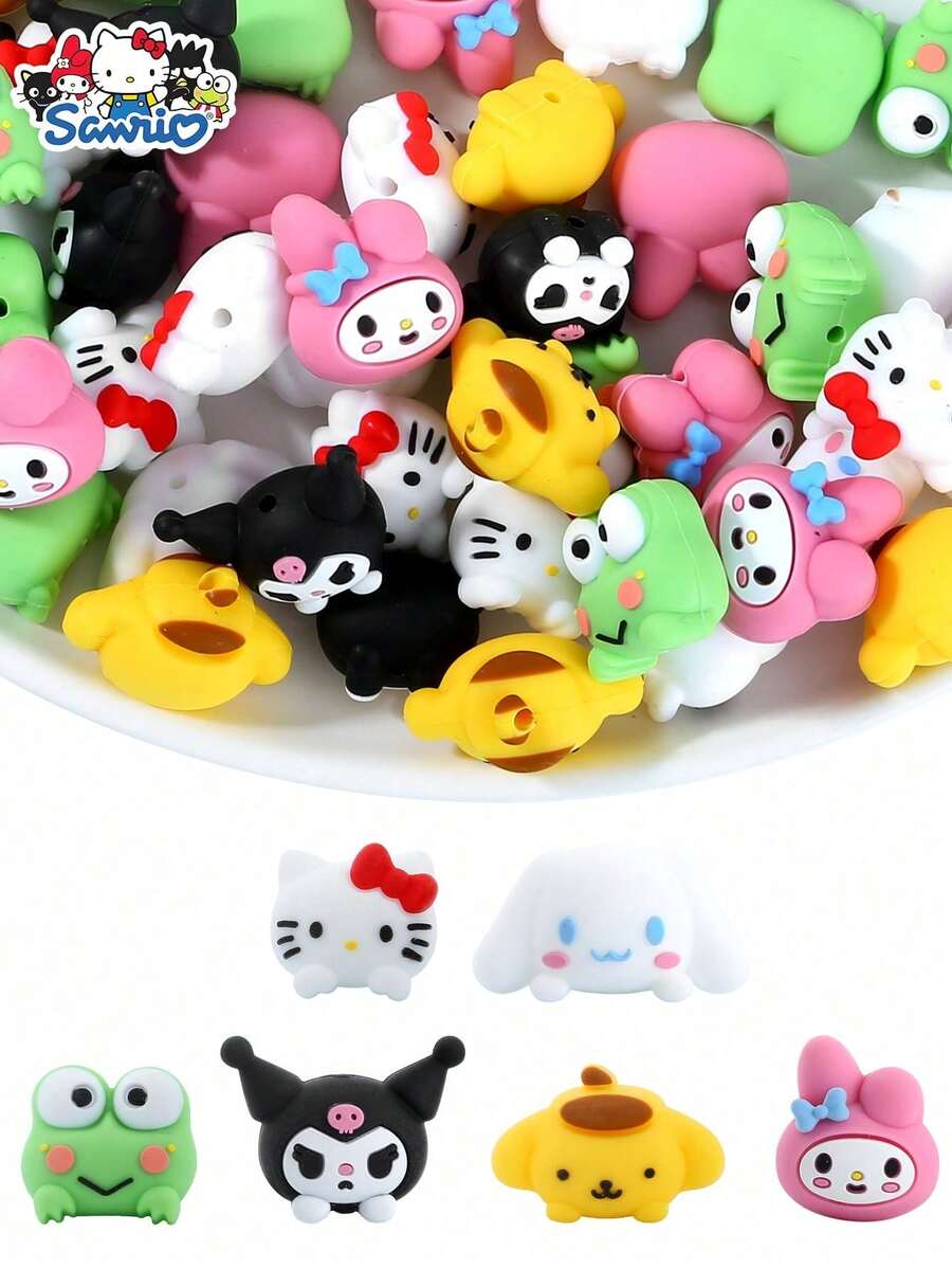 Bộ 2/3/6 hạt silicon Hello Kitty của Sanrio, hạt charm dễ thương để làm trang sức, móc khóa nơ đỏ, phụ kiện vòng tay, vòng cổ, bộ dụng cụ làm trang sức. - hạt silicon - Xem 1