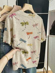 Comfortable Women Short Sleeve Knit Top, Colorful Dragonfly Pattern, Regular Fit, Vacation Wear, Summer Top - Apricot - View 3