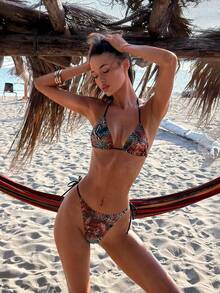 2026 New Zebra & Leopard Print Halter Tie Back Cutout Triangle Bikini Swimwear Set For Women Vacation Beach - Multicolor - View 1