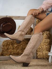 新款时尚百搭V型靴，尖头厚底粗跟，西部牛仔靴，适合度假、音乐节、万圣节等场合。 - 卡其色 - 查看 3