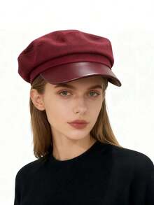 1pc Women's Pu Leather Newsboy Hat Cap With Brim, Suitable Daily Wear - màu đen - Xem 4