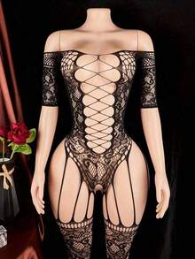 Valentine's Day Gift: Dress And Pant Set, Mesh Stockings, Perforated Design, Transparent Mesh Interwoven Fabric - màu đen - Xem 5