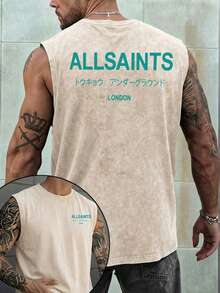 Men's Printed Vintage Washed Vest, Loose Fit, Casual Street Style, An Essential Everyday Item. - 杏色 - 查看 1