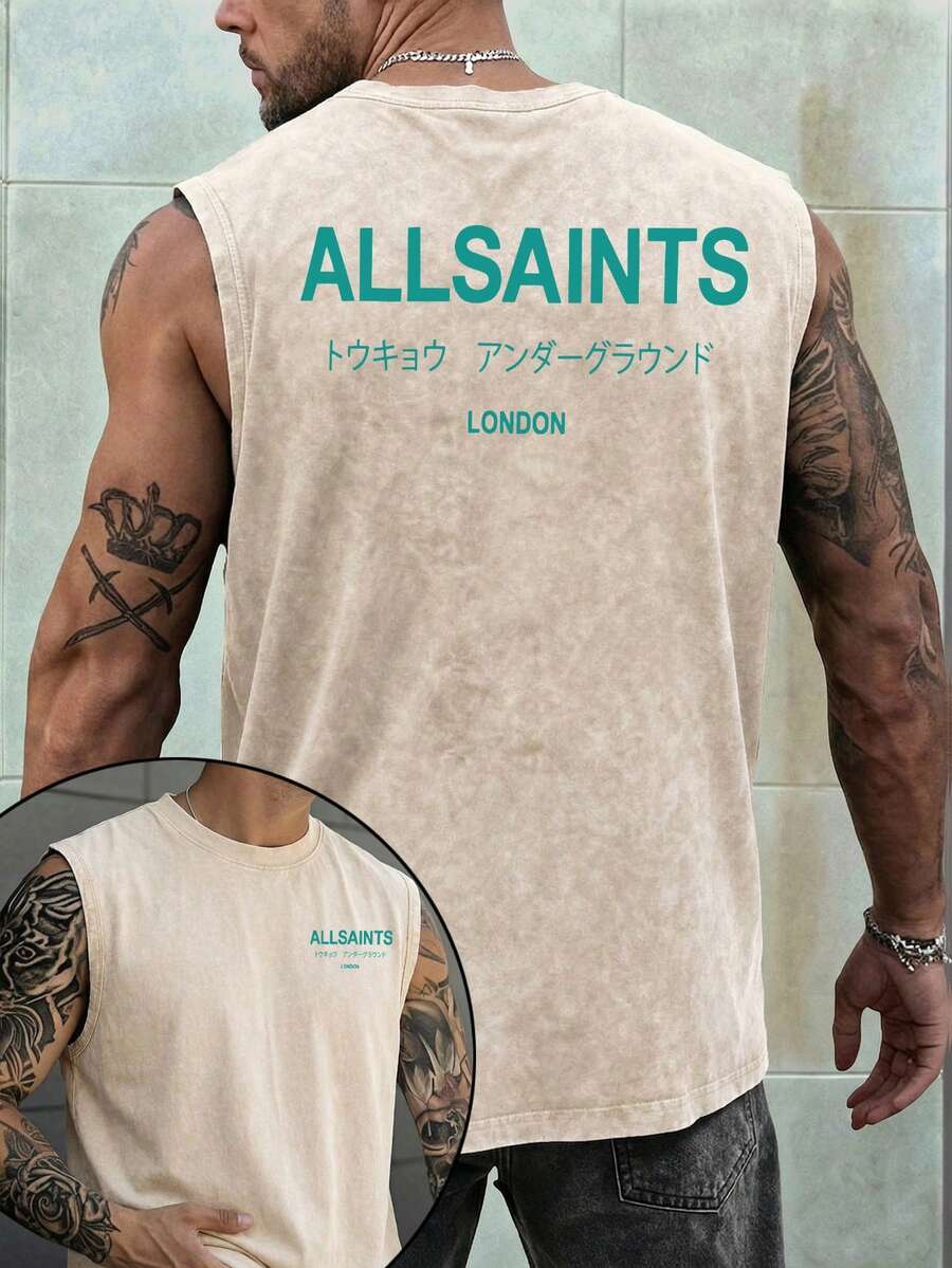 Men's Printed Vintage Washed Vest, Loose Fit, Casual Street Style, An Essential Everyday Item. - 杏色 - 查看 1