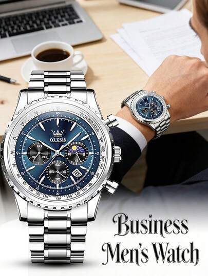 OLEVS. 1pc Casual Fashion Men's Stainless Steel Date Chronograph Quartz Watches With Waterproof Luminous Funtion, Business Man Wristwatch Suitable For Work Occasions, Gifts For Men