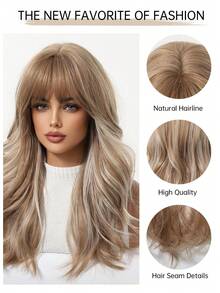 20英寸渐变金色波浪层次假发，带整齐的空气刘海，采用柔软自然的耐热合成纤维制成，适合日常佩戴、派对、角色扮演、万圣节和摄影。 - 漸變金色 - 查看 9