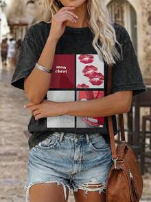 Women's Summer New Lip Pattern And Letter Print Round-Neck Short-Sleeve T-Shirt, Casual Loose Versatile Top, Stylish Daily Wear Black - Black - View 7