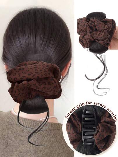 女士爪夹凌乱发髻假发片，豹纹蝴蝶结发髻接发，蓬松发髻夹式合成发髻马尾接发/发饰