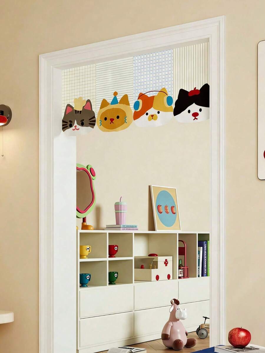 Cute Cat Flag Style Nursery Door Curtain - Comes With Telescopic Rod For Easy Installation - Suitable For Nursery Doors, Closets Or Windows - Adds Dreamy Charm While Providing Slight Shading And Privacy - Also Perfect For Children's Playrooms Or As A Baby Gift - Multicolor - View 1