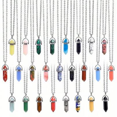5/10/15/20pcs Multi-Color Hexagon Crystal Necklace, Natural Gemstone Quartz Necklace Pendant, Chakra Amethyst Rose Quartz Agate