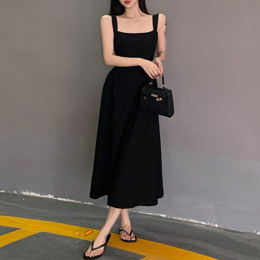 French-Style Waist-Cinching White Strap Dress, Elegant And Sophisticated Long Dress, 2026 New Summer Fairy Dress For Petite Women - 黑色 - 查看 1