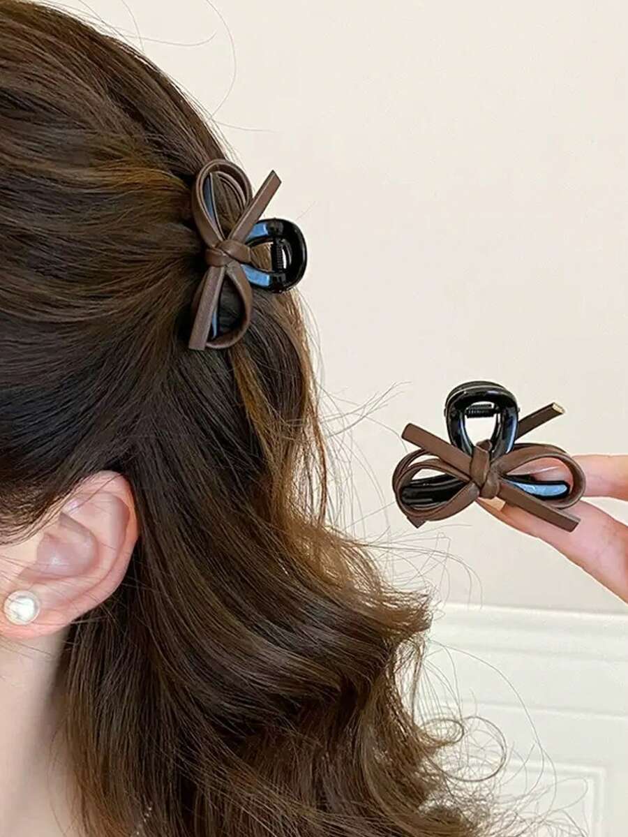 2 chiếc kẹp tóc nơ bằng da, kẹp tóc mái bên thanh lịch dành cho phụ nữ tóc mỏng - màu đen - Xem 1