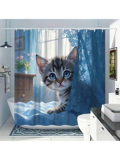 1/4 件装卡通猫咪印花防水浴帘，可作墙挂毯、防滑浴室垫、U型马桶垫及盖，现代家居浴室装饰套装，含12个挂钩，可水洗涤纶面料，适用于酒店、公寓，亦可作礼品。