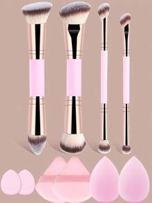 YZIMENG 10pcs Makeup Brush Set, 4 Double-Sided Makeup Brushes With Flat And Round Tapered Bristles For Applying Liquid Foundation, Powder, Blush, Concealer, 6pcs Makeup Sponges Including 2 Water Drop , 2 Triangle Velvet Powder Puffs, 2 Mini Finger-Shaped Air Cushions - Pink - View 1