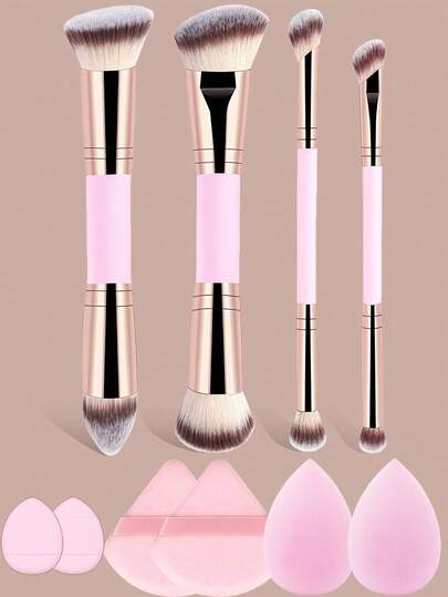  YZIMENG 10pcs Makeup Brush Set, 4 Double-Sided Makeup Brushes With Flat And Round Tapered Bristles For Applying Liquid Foundation, Powder, Blush, Concealer, 6pcs Makeup Sponges Including 2 Water Drop , 2 Triangle Velvet Powder Puffs, 2 Mini Finger-Shaped Air Cushions