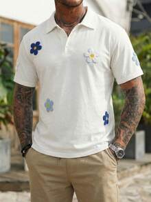 Men's Short Sleeve Polo Shirt With 3D Floral Embroidery Patch, Minimalist Design, Showcasing Y2K Streetwear , Multi-Color Daisy Pattern, Soft Fabric, Suitable For Summer Casual Parties - White - View 5