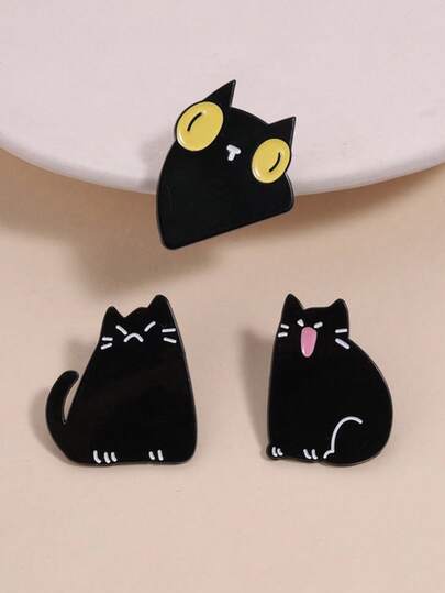 3pcs "Emotional Black Cat" Soft & Cute Enamel Pins Set | Sad Drooping Eyebrows, Happy Tongue Out, Adorable Big Eyes 3 Styles Combo | Ideal Daily Accessory For Cat Lovers And Emotionally Sensitive