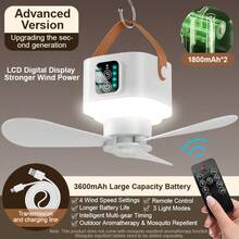 1 件 3600/7200mAh 便携式迷你风扇（直径 28 厘米/11 英寸），USB 可充电多功能小型挂式风扇（带或不带电池选项），带夜灯的假日露营风扇，节日必备，宿舍和户外帐篷，持久耐用的电池，强劲气流 - 白色升級數顯款 - 查看 13