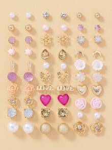 30对可爱漂亮的心形、花朵、字母、雪花、月亮金属和水钻仿珍珠耳钉，适合日常佩戴 - 彩色 - 查看 1