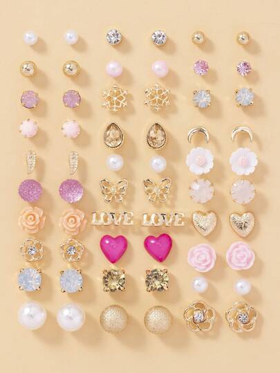 30对可爱漂亮的心形、花朵、字母、雪花、月亮金属和水钻仿珍珠耳钉，适合日常佩戴