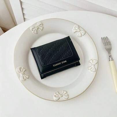 محفظة جلد PU قصيرة ثلاثية الطي ذات نسيج منسوج، محفظة نسائية عصرية كورية عالية الجودة سعة كبيرة