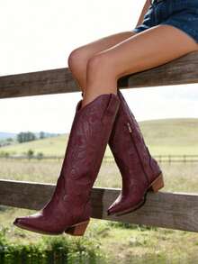Western Boots For Women Floral Embroidered Pull On Boots Pointed Toe Chunky Heel Long Boots Classic Cowboy Cowgirl Boots Knee High Western Boots For Dressy Party Walking Shoes - 酒紅色 - 查看 2