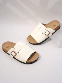 Minimalist Korean Style One-Strap Slide Sandals, Off-White Soft Cork Sole, Versatile Summer Shoes (Sole/Insole Color Random) - Beige - View 4