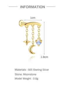 SereneSpark 1Pc 925 Sterling Silver Romantic Stars And Moon Synthetic Moonstone Piercing Tassel Stud Earring Flat Back Cartilage Helix Piercing Fine Jewelry Suitable For Women For Daily, Dates, Vacation, Wedding, Party, Holiday Gift - Gold - View 6