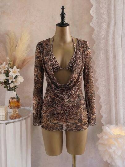 Top de bikini sexy con cordones de estampado de leopardo, traje de baño bandeau con tachuelas, vestido elegante y sexy de estilo boho con espalda abierta y tirantes para playa, vacaciones y fiestas