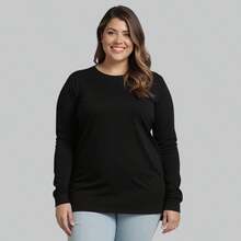 Women's Plus Size Long Sleeve Cotton T-Shirt With Round Neck - 黑色 - 查看 2