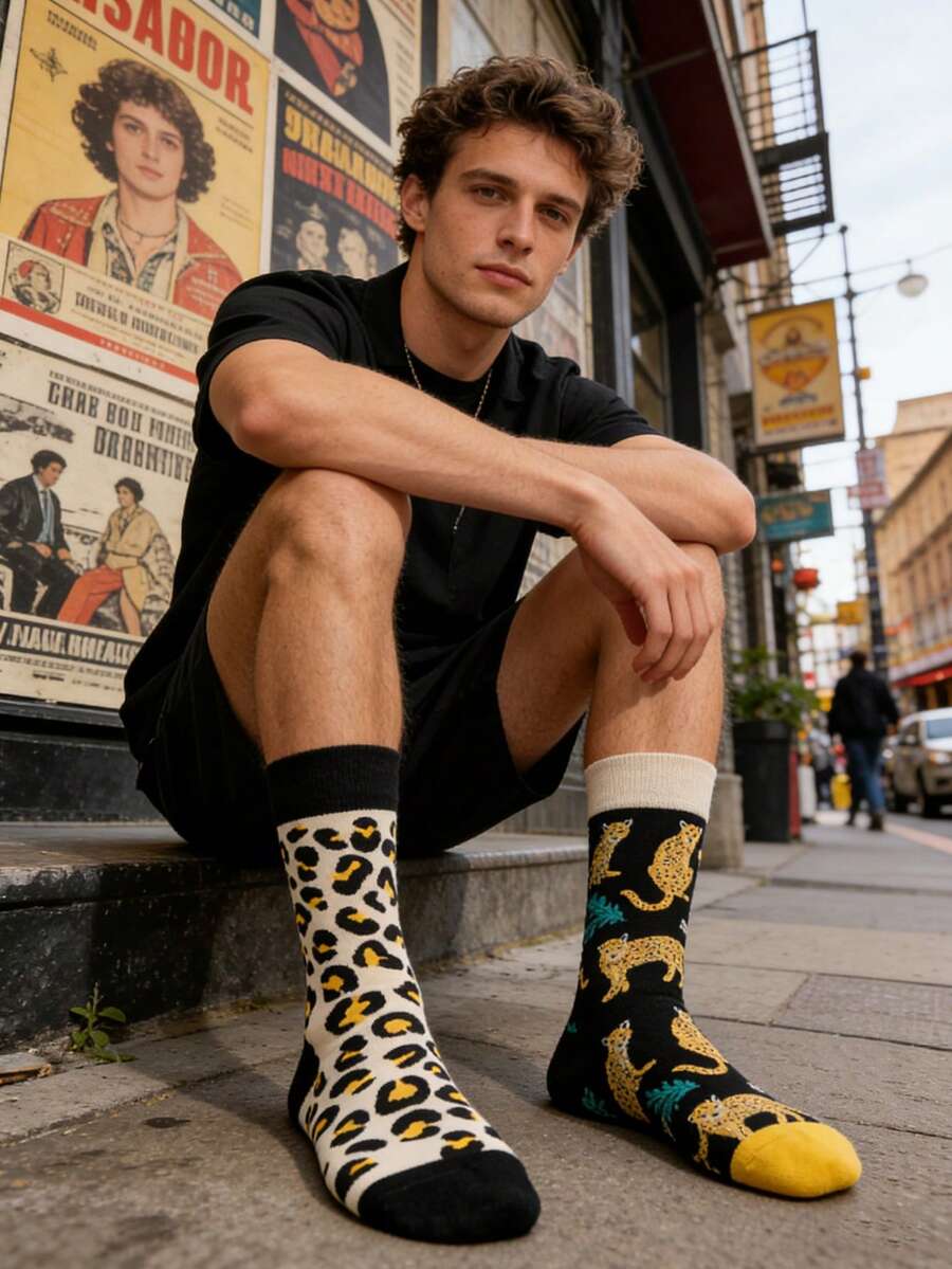 1 Pair Unisex Leopard Print Pattern Mid-Calf Socks, & Versatile For All Seasons - Multicolor - View 1