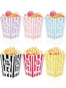 10 pièces/20 pièces/30 pièces Boîtes à pop-corn en papier rose avec motif de pop-corn, design à rayures blanches, convient pour les fêtes, contenants à pop-corn jetables pour les fêtes, anniversaires, soirées cinéma - Rose bonbon - Voir 1