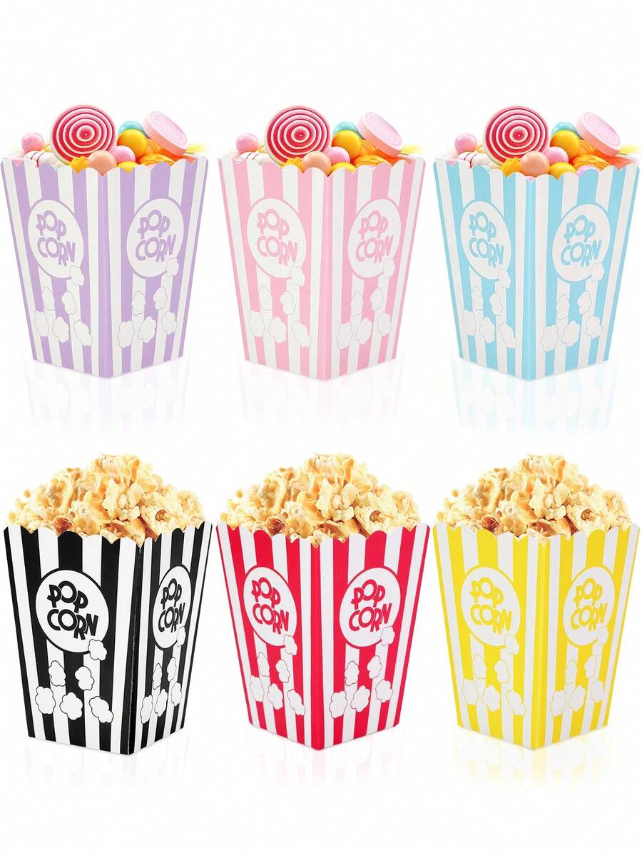 10 pièces/20 pièces/30 pièces Boîtes à pop-corn en papier rose avec motif de pop-corn, design à rayures blanches, convient pour les fêtes, contenants à pop-corn jetables pour les fêtes, anniversaires, soirées cinéma - Rose bonbon - Voir 1