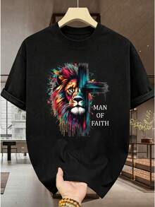 Conjunto para hombre estilo streetwear artístico con estampado colorido de león y temática de fe tela cómoda ajuste holgado cuello redondo manga corta verano uso diario casual set de camiseta y short - Negro 1 - Ver 6