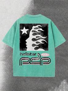 BOTANICBEAT 1PC Worn-Out Washed Men's Short-Sleeved Shirt, Featuring A Pink Meteor Flame Human Face Silhouette Pattern In Letters On A Double-Sided Print, Retro Casual Loose Men's T-Shirt, Comfortable And Versatile Men's Clothing Summer Tops Men Shirts - Emerald - 查看 3