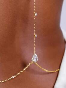 1件新娘时尚优雅露背身体链，欧美个性化奢华婚礼配饰锆石水滴项链 - 金色 - 查看 2