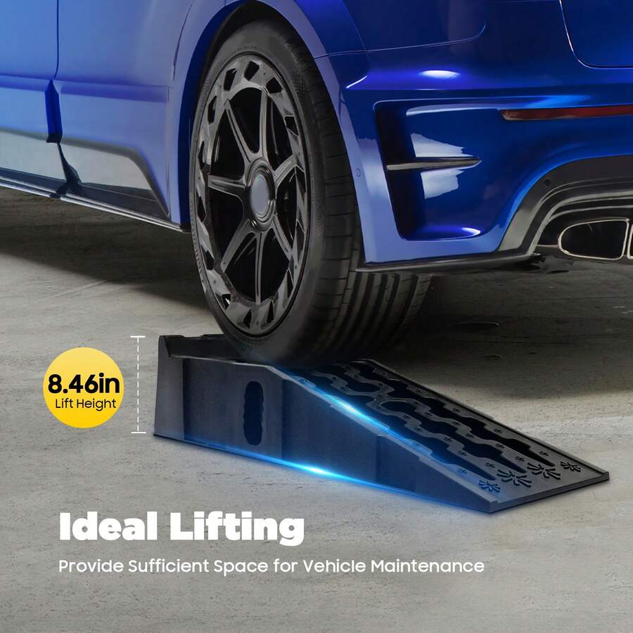 Paire de rampes de réparation automobile noires en plastique PP, antidérapantes, capacité de charge de 5 tonnes (16 000 lb), hauteur de levage de 17,5 cm, largeur de travail de 24 cm, dimensions de 90 x 28 x 22 cm par rampe, stables et durables, idéales pour les vidanges d'huile, l'entretien et les réparations de voitures, SUV et véhicules utilitaires légers. - A - Voir 1
