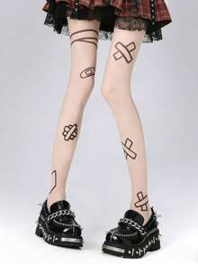 1双女士可爱卡通印花透明尼龙连裤袜，超薄透明朋克风丝袜，街头时尚腿部服饰，适合日常和派对造型 - 彩色 - 查看 8