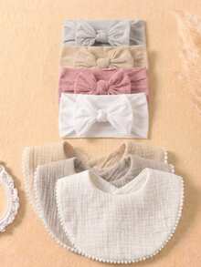 8 piezas Conjunto de baberos y gorros de algodón gasa de color caramelo, adecuado para uso diario en primavera y verano, accesorios para bebé - Multicolor - Ver 4