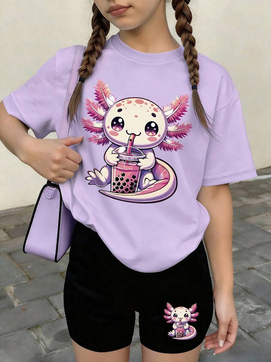 两件套女童休闲套装，可爱饮品珍珠奶茶和恐龙印花宽松T恤搭配水鼠装饰骑行短裤，适合返校、朋友聚会、日常休闲穿着，夏季皆宜。 - 彩色 - 查看 1