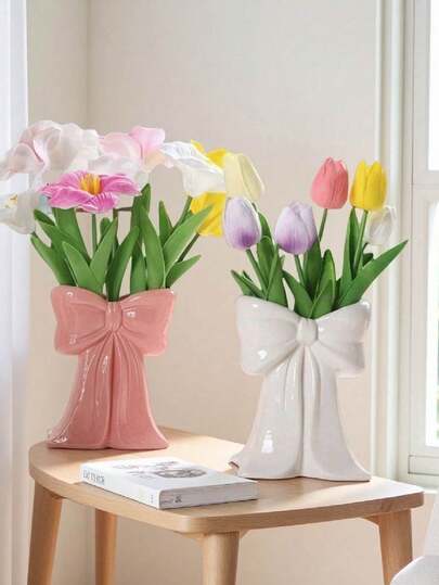 1 pieza Soporte decorativo para arreglos florales, diseño elegante moderno con lazo para decoración de sala de estar, dormitorio, oficina, baño, mesa, boda, fiesta, regalo de inauguración de casa, día festivo, cumpleaños, contenedor floral de primavera