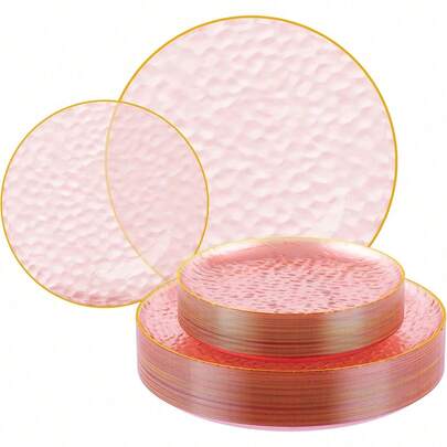 50/25/7/1 Set Pink Hammered Single Gold Rim Plates, Including 10.25" Large Plate And 7.5" Small Plate, Ideal For Family Gatherings, Birthday Parties, Outdoor Events, Holiday Parties, Weddings, Suitable For Multiple Occasions