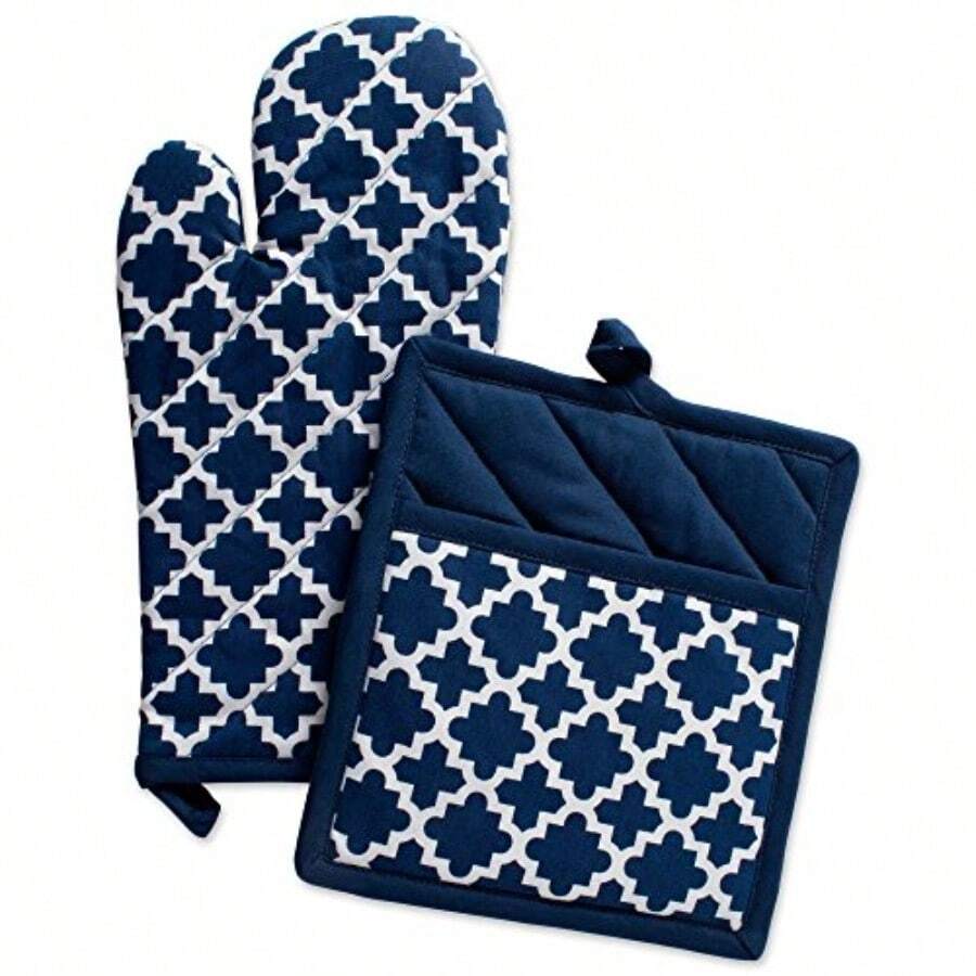 DII Cotton Lattice Oven Mitt 13 x 7" and Pot Holder 9 x 8" Kitchen Gift Set Machine Washable and Heat Resistant for Cooking and Baking-Nautical Blue - Azul Náutico - Ver 1