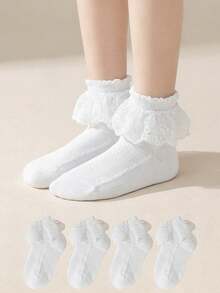 4 Pairs Kids & Toddlers Lace Trim Princess Floral Dance Ankle Socks - White - View 10